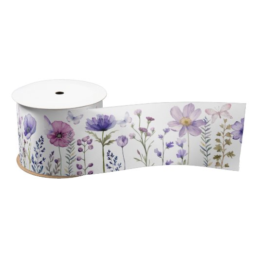 Paarse Wildflower Garden Butterfly Satin Ribbon Satijnen Lint (Spoel)