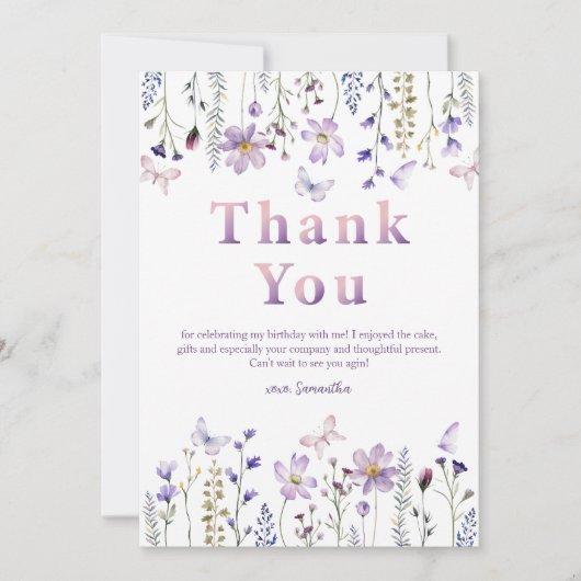Paarse Wildflower Girl's 1e verjaardag Dank u Bedankkaart (Voorkant)