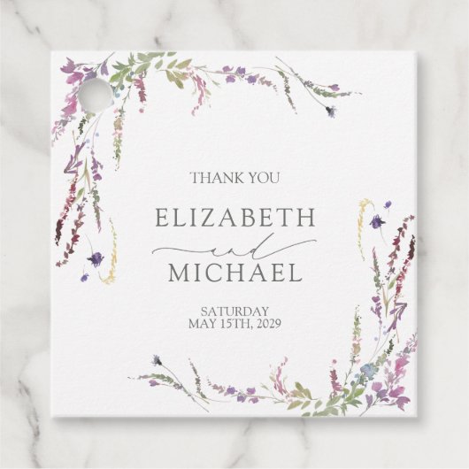 Paarse Wildflower kalligrafie bruiloft Bedankjes Labels (Voorkant)