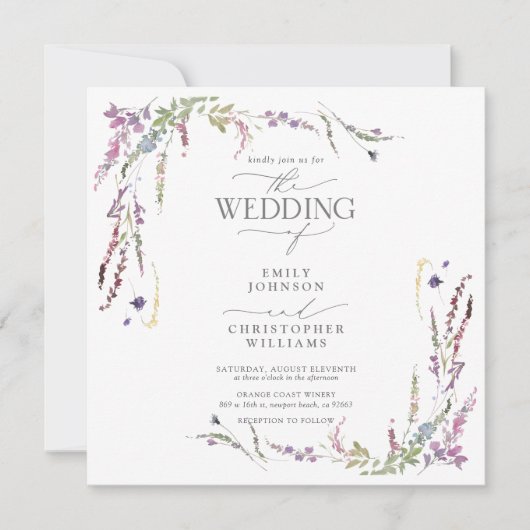 Paarse Wildflower kalligrafie bruiloft Kaart (Voorkant)