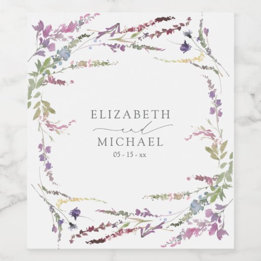 Paarse Wildflower kalligrafie bruiloft Wijn Etiket (Enkel label)