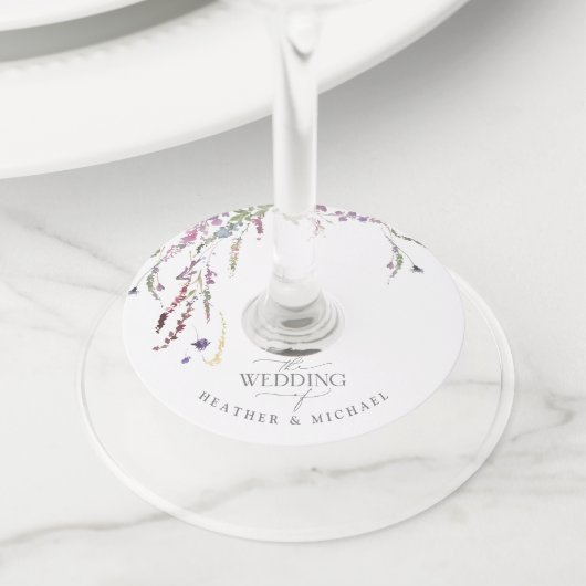 Paarse Wildflower kalligrafie bruiloft Wijnglaslabel (Dichtbij)