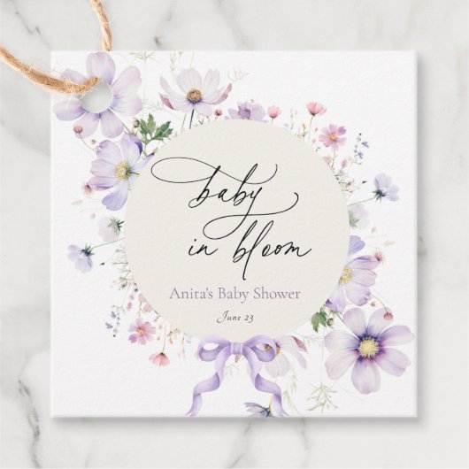 Paarse Wildflower Krans Baby in Bloom Bedankjes Labels (Voorkant)