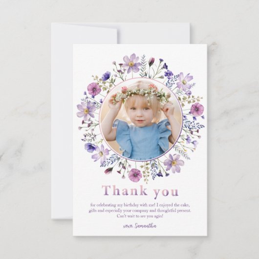 Paarse Wildflower Meisje Dank u Fotokaart Bedankkaart (Voorkant)