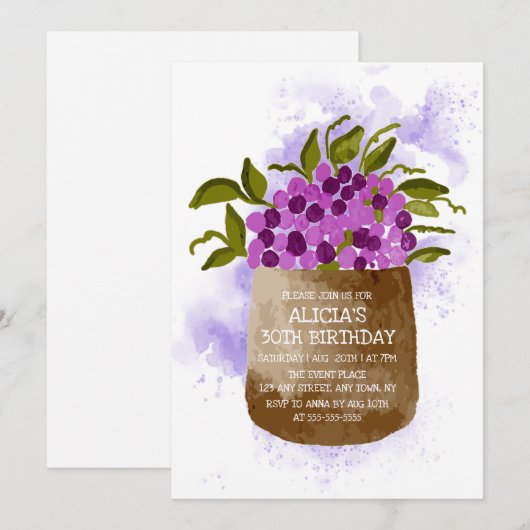 Paarse Wildflower op pot Waterverf Verjaardag Kaart (Voorkant / Achterkant)