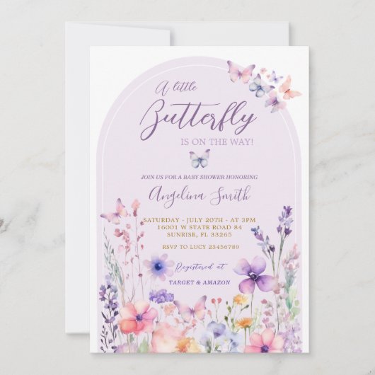 Paarse Wildflower Vlinder Baby shower Kaart (Voorkant)