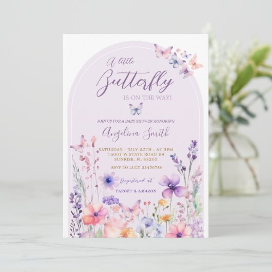 Paarse Wildflower Vlinder Baby shower Kaart (Staand voorkant)