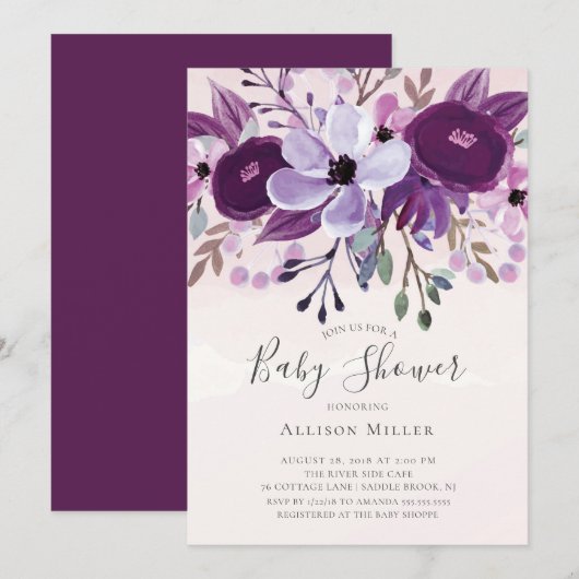 Paarse Wildflowers Baby shower Invitation Kaart (Voorkant / Achterkant)