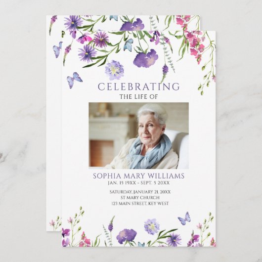 Paarse Wildflowers Funeral Order of Service Programmakaart (Voorkant / Achterkant)