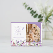 Paarse Wildflowers Save The Date Wedding Briefkaar Briefkaart (Staand voorkant)