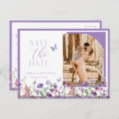 Paarse Wildflowers Save The Date Wedding Briefkaar Briefkaart (Voorkant / Achterkant)