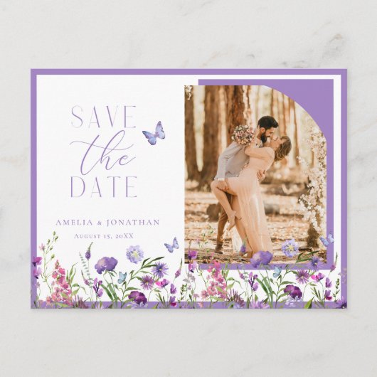 Paarse Wildflowers Save The Date Wedding Briefkaar Briefkaart (Voorkant)