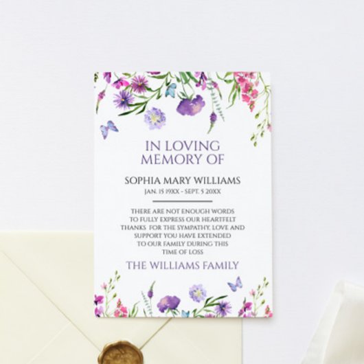 Paarse Wildflowers Sympathy Memory Dank je wel kaa Bedankkaart