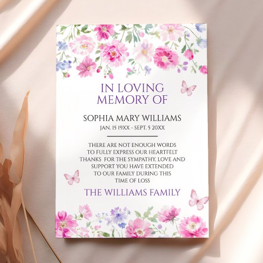 Paarse Wildflowers Sympathy Memory Dank je wel kaa Bedankkaart