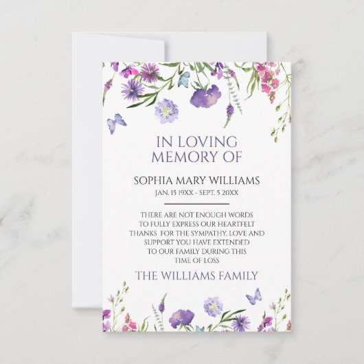 Paarse Wildflowers Sympathy Memory Dank je wel kaa Bedankkaart (Voorkant)