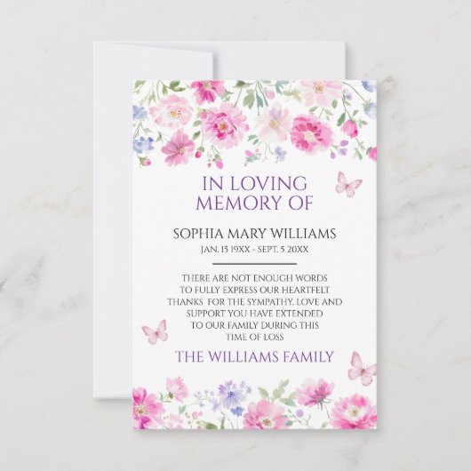 Paarse Wildflowers Sympathy Memory Dank je wel kaa Bedankkaart (Voorkant)