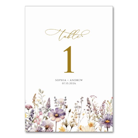 Paarse Wildflowers Trouwtafelnummers Kaart (Achterkant)