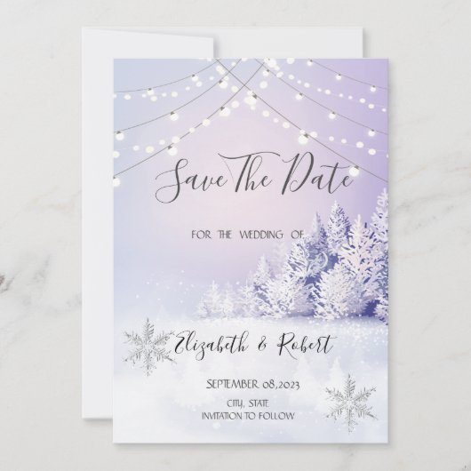 Paarse Winter Bos Sneeuw Lichten Bewaar De Datum Save The Date (Voorkant)