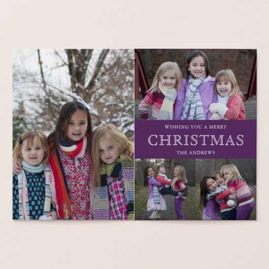 Paarse Winter Kerst Foto Collage Folie Kaarten (Binnen)