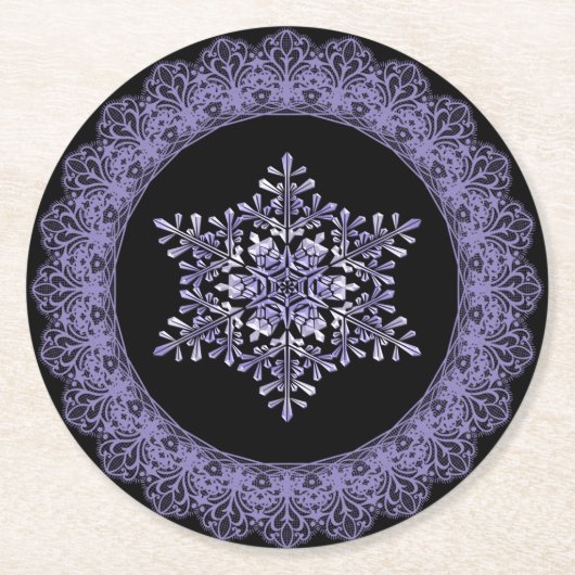 Paarse Winter Snowflake Lace Edge Ronde Kartonnen Onderzetter (Voorkant)