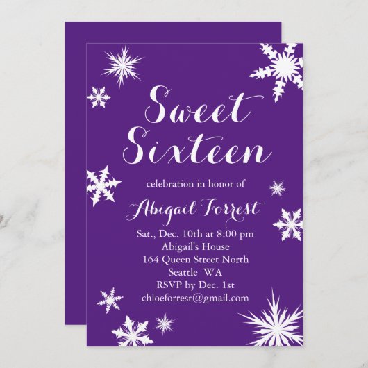 Paarse Winter Sweet Sixteen Uitnodiging (Voorkant / Achterkant)