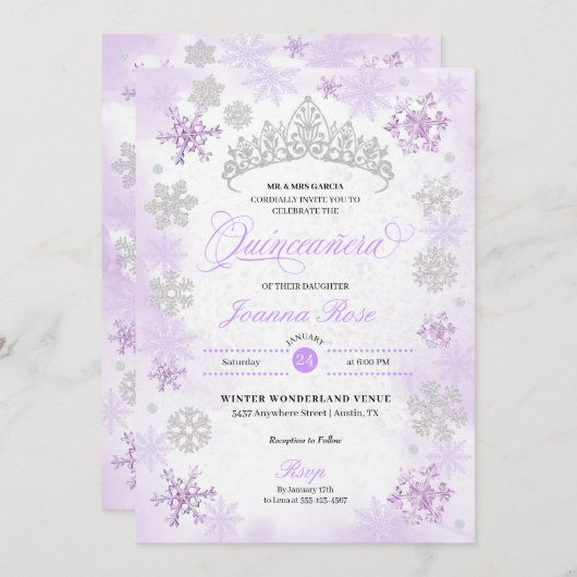 Paarse Winter Wonderland Sneeuwvlok Quinceanera Kaart (Voorkant / Achterkant)