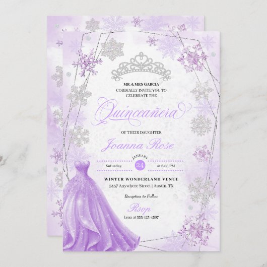 Paarse Winter Wonderland Sneeuwvlok Quinceanera Kaart (Voorkant / Achterkant)