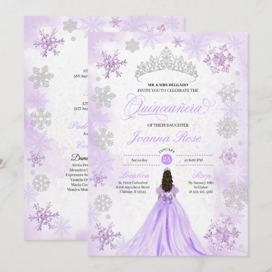 Paarse Winter Wonderland Sneeuwvlok Quinceanera Kaart (Voorkant / Achterkant)