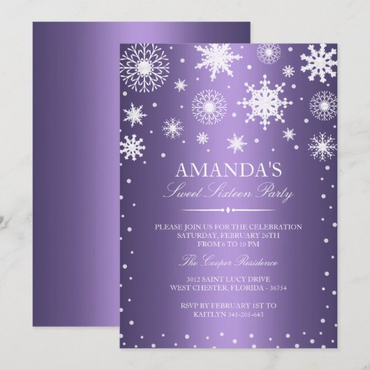 Paarse Winter Wonderland Sweet 16 Kaart (Voorkant / Achterkant)