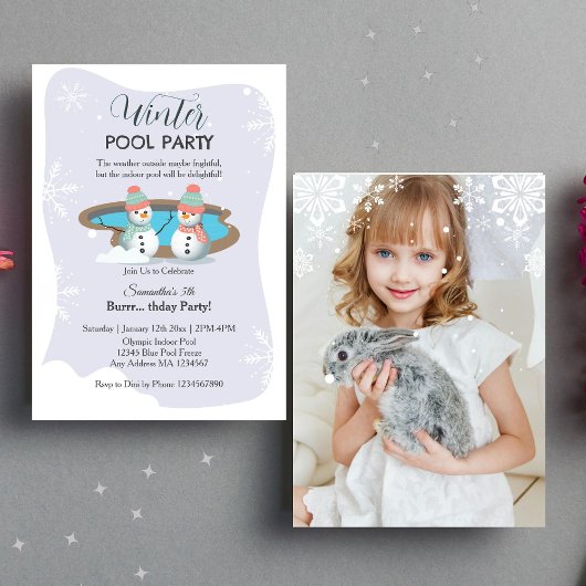 Paarse Winter Zwembad Verjaardagsfeestfoto Kaart
