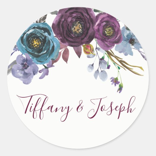 Paarse winterFloral Elegant Wedding Favor Seal Ronde Sticker (Voorkant)