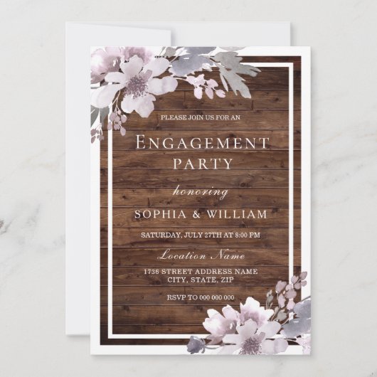 Paarse WinterFloral Rustic Engagement Party Kaart (Voorkant)