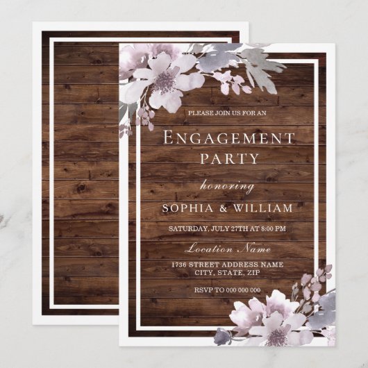 Paarse WinterFloral Rustic Engagement Party Kaart (Voorkant / Achterkant)