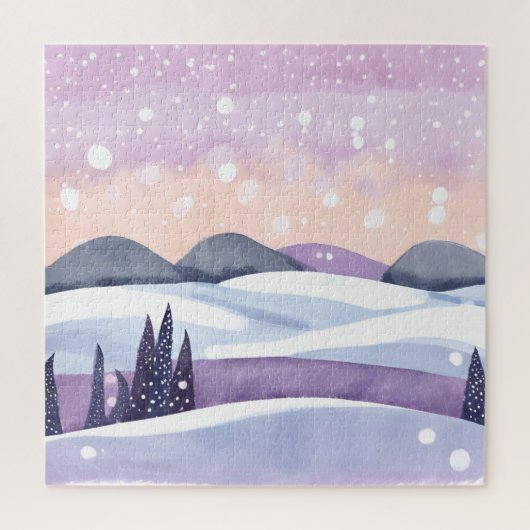 Paarse Winterheuvels Aquarel Legpuzzel (Verticaal)