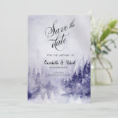 Paarse winterlandschap sneeuw save the date (Staand voorkant)