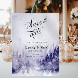Paarse winterlandschap sneeuw save the date