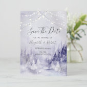 Paarse Winterlandschap Sneeuwvlokken Bewaar de Dat Save The Date (Staand voorkant)