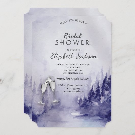 Paarse winterlandschap wijn glas bruids douche kaart (Voorkant / Achterkant)