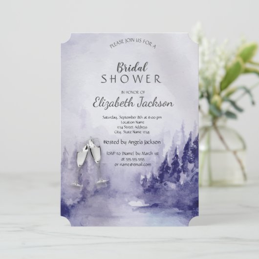 Paarse winterlandschap wijnglas bruidsdouche kaart (Staand voorkant)