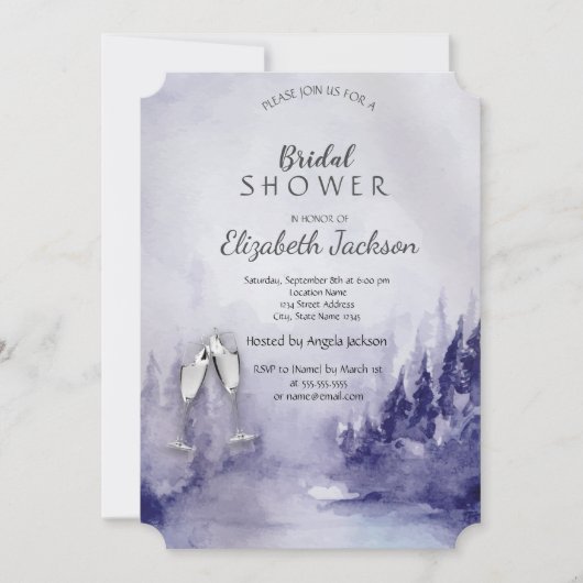 Paarse winterlandschap wijnglas bruidsdouche kaart (Voorkant)