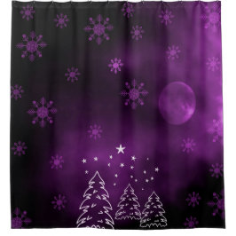 Paarse winternacht met sneeuwvlokbos op maan douchegordijn