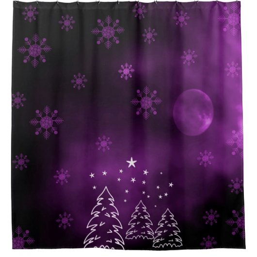 Paarse winternacht met sneeuwvlokbos op maan douchegordijn (Voorkant)