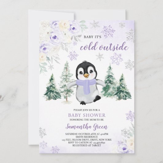 Paarse winterpinguïn Baby shower Kaart (Voorkant)