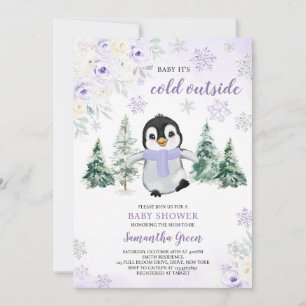 Paarse winterpinguïn Baby shower Kaart