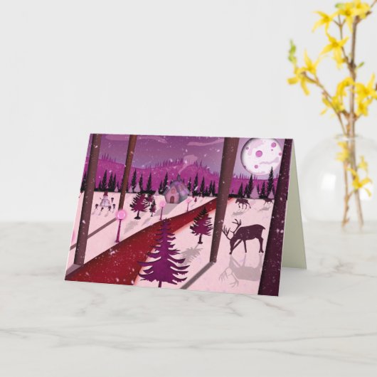 Paarse winterscène-feestkaart kaart (Gele Bloem)