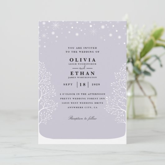 paarse wintertrouwuitnodigingen kaart (Staand voorkant)