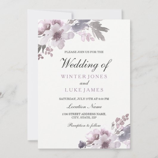 Paarse WinterWaterverf Floral Wedding Kaart (Voorkant)