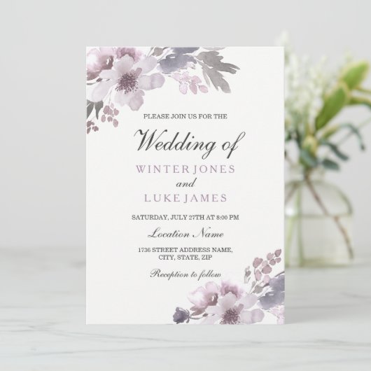 Paarse WinterWaterverf Floral Wedding Kaart (Staand voorkant)