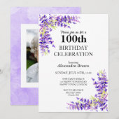 Paarse Wisteria 100e verjaardag fotofeest Kaart (Voorkant / Achterkant)