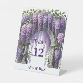 Paarse Wisteria Arch Trouwtafel Nummer Reclamebord Met Voetstuk
